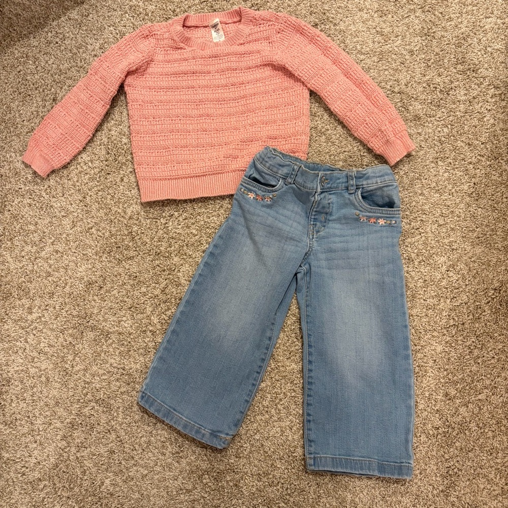 3T/4T OshKosh Pink Sweater and Blue Jeans Set